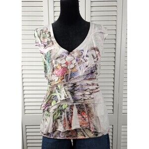 Paris IQ Women's Ruffle V-neck White Graphic Burnout T-Shirt Size XXL fits Large